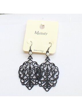 NWT Melody Womens Fashion Metal Lace Filigree Boho Earrings Black 3"